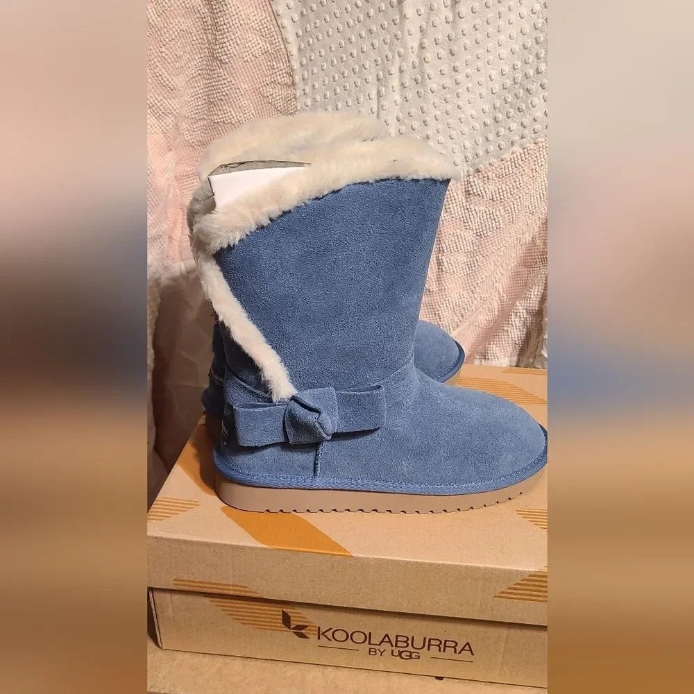 NEW UGG Koolaburra Shearling Sheepskin Bow Ribbon Blue Boots 6 And 10